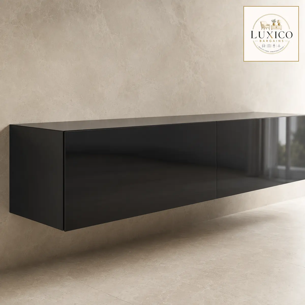ELEGANT 180 cm High-Gloss Floating TV Cabinet – Black — matching-model close material detail