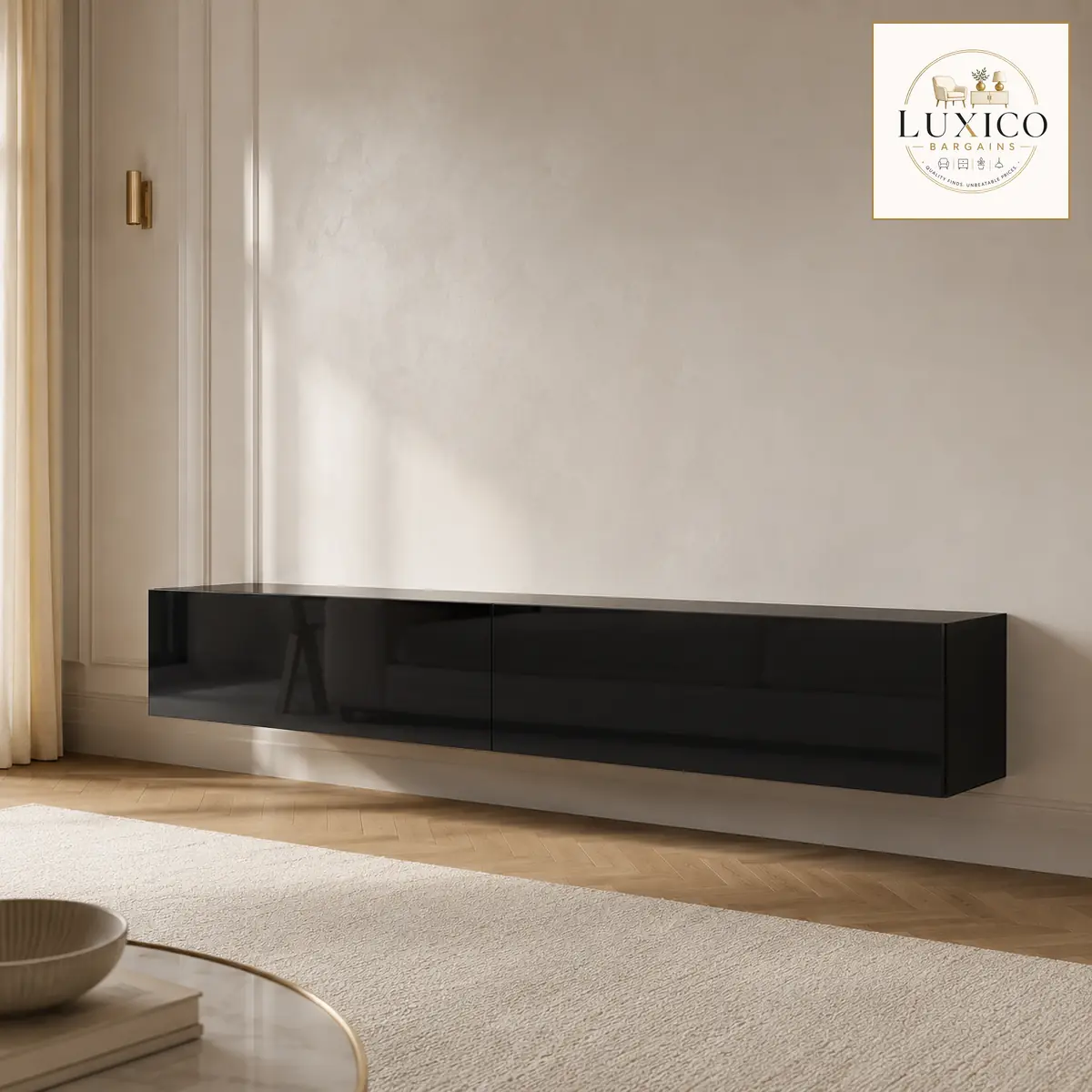 ELEGANT 180 cm High-Gloss Floating TV Cabinet – Black — matching-model view, styled in a neutral interior