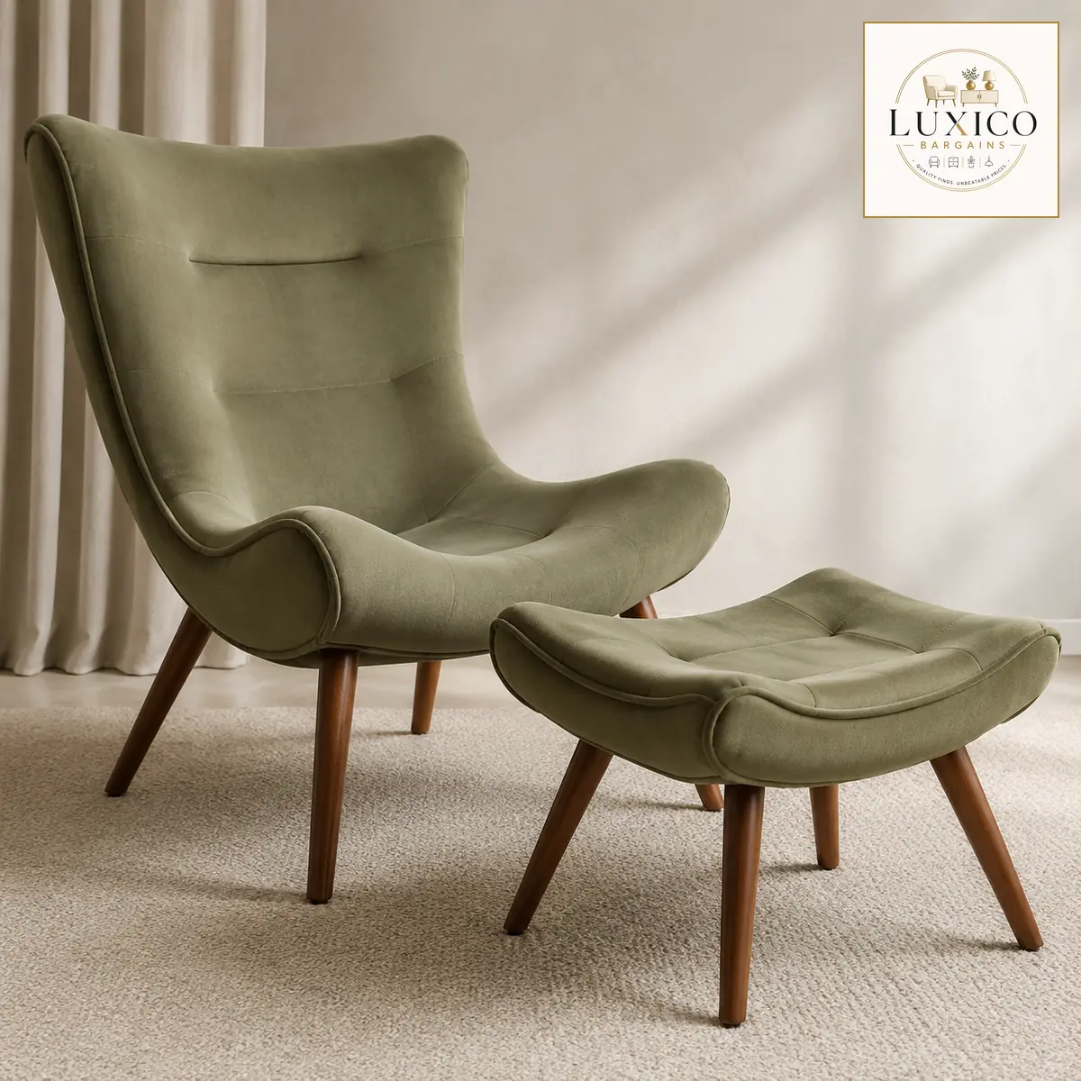 Katia Sage Green Velvet Accent Chair & Footstool – No Cushion — matching-model close material detail