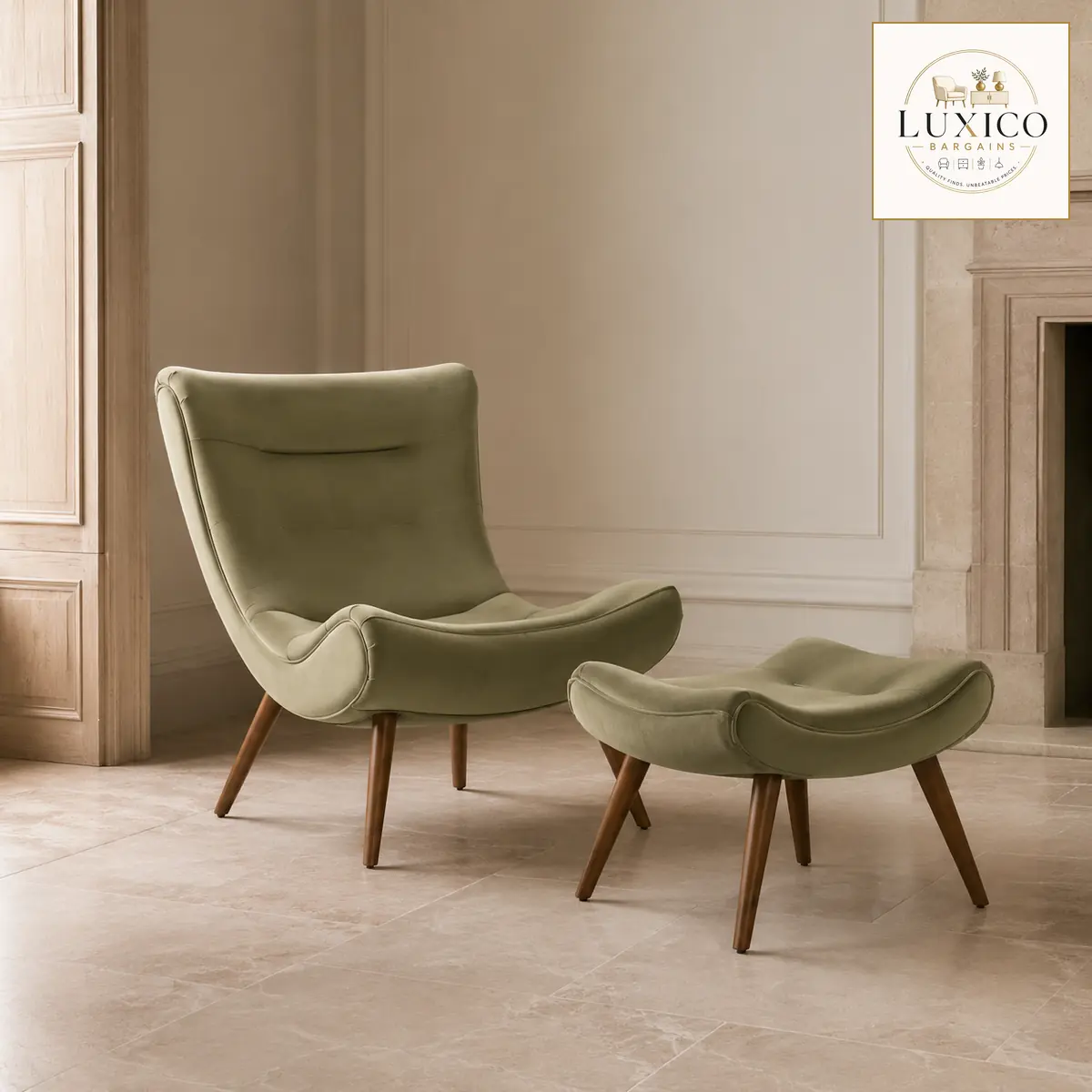 Katia Sage Green Velvet Accent Chair & Footstool – No Cushion — matching-model view, styled in a neutral interior