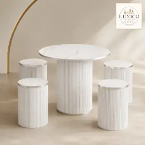 TOTEBOX Round Dining Set with 4 Chairs – White — matching-model product view
