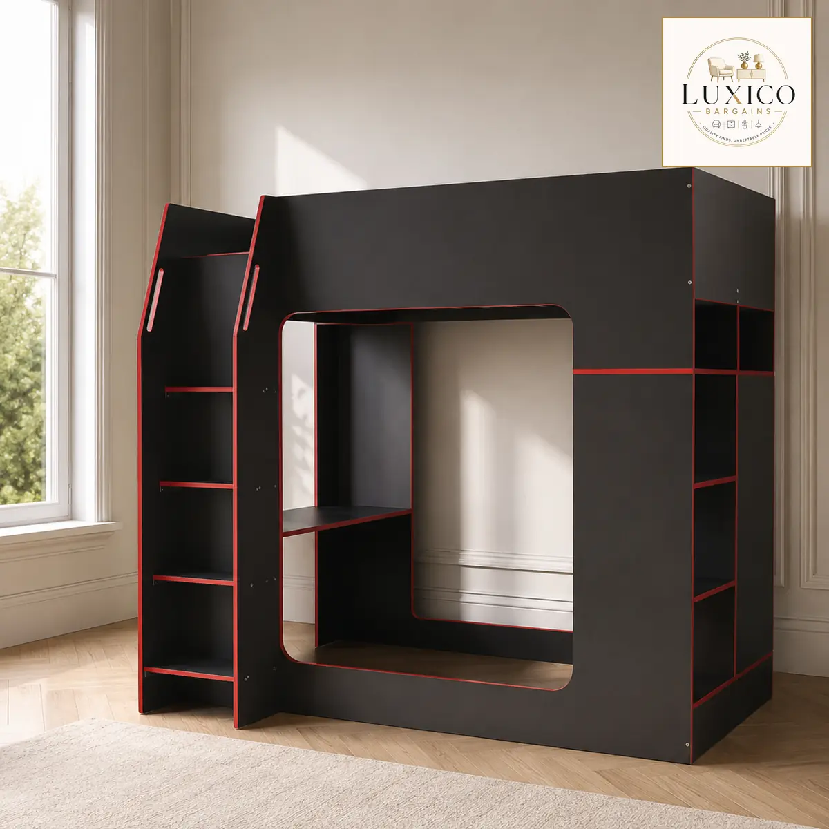 Meridian Gaming High Sleeper Bed Frame — matching-model view, styled in a neutral interior